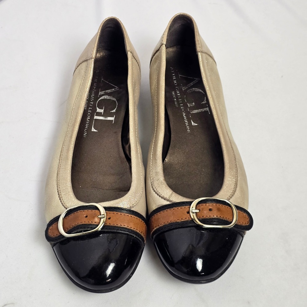 AGL Attilio Giusti Leombruni Metallic Gold Black Patent Buckle Ballet Flats 39
